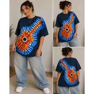Handmade Tie Dye Guitar T Shirt 2XL Blue Orange Music Festival Tee